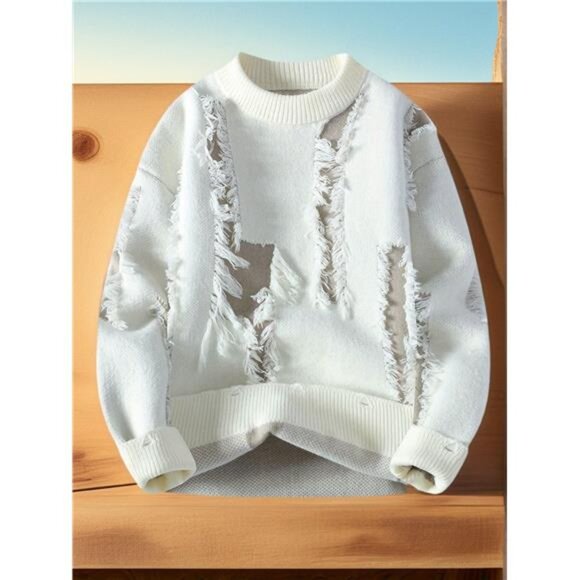 NWT Men's White Distressed Sweater | Ripped Knit Pullover - Picture 4 of 6